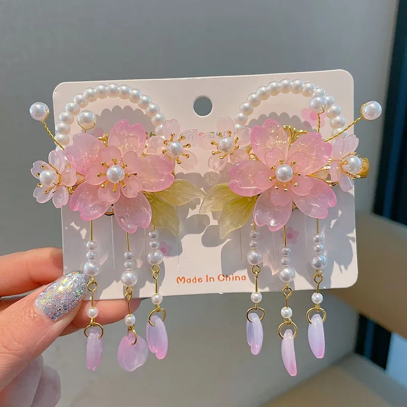 Acessórios de cabelo tradicionais, grampos de cabelo pendurados florais com borlas de borboleta de cristal para meninas, estilo antigo, grampos de cabelo de princesa