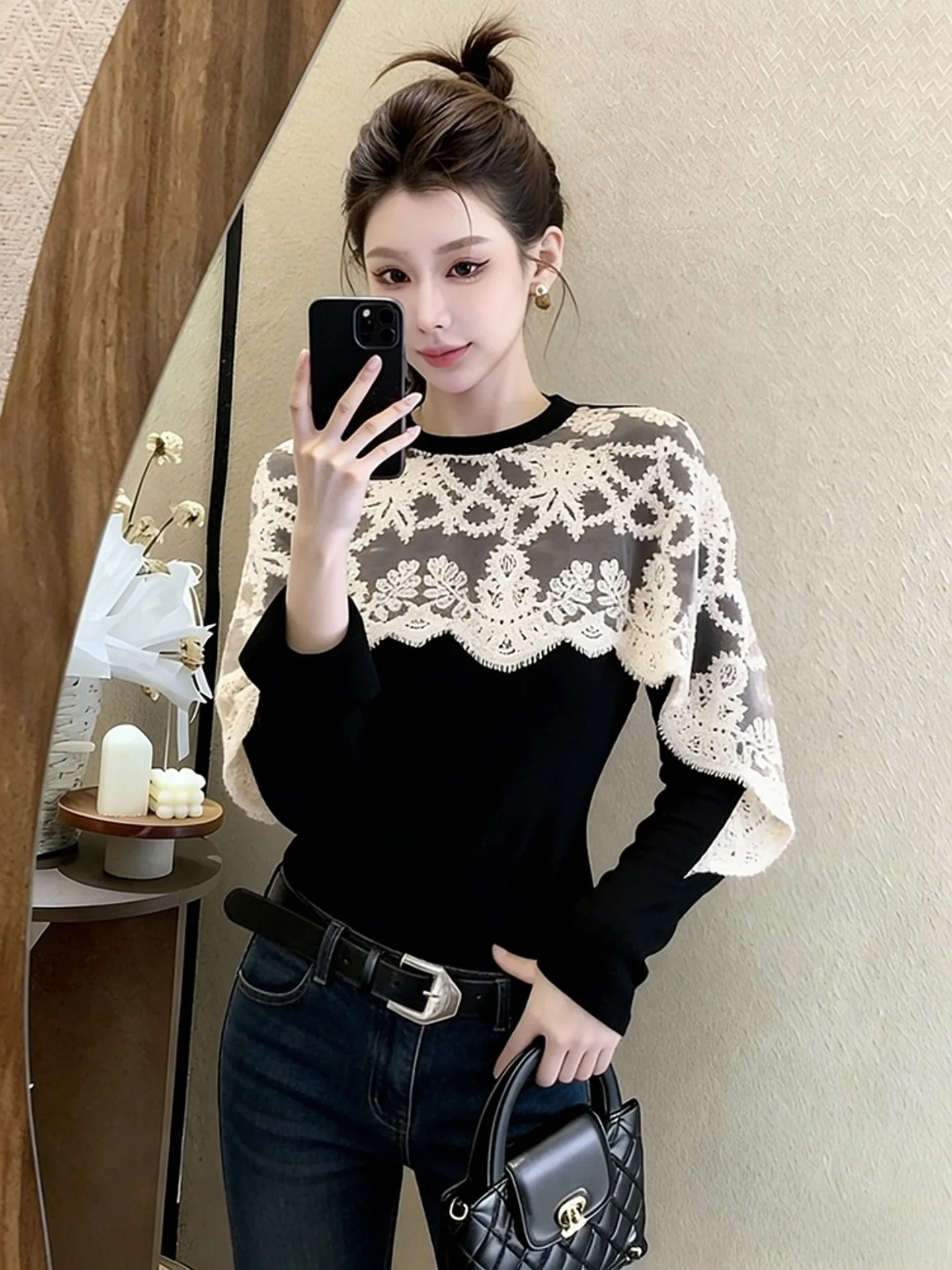 

Bla Lace Splice Base irt Ele Unique Design Lightweight Maturi Trendy Sle Long Sve T-irt for Women Spring Season
