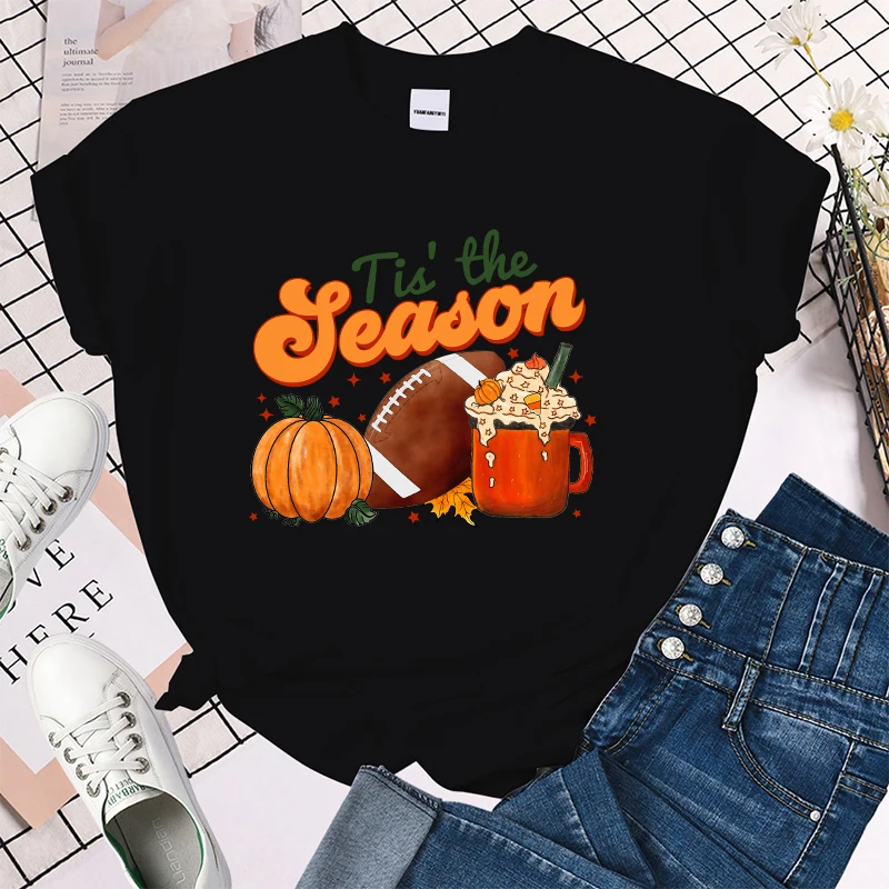 (Premium T-shirt)Funny Fall Tis The Season Print T-Shrits For Women Summer Short Sleeve Round Neck Cute Loose T-Shirt tops