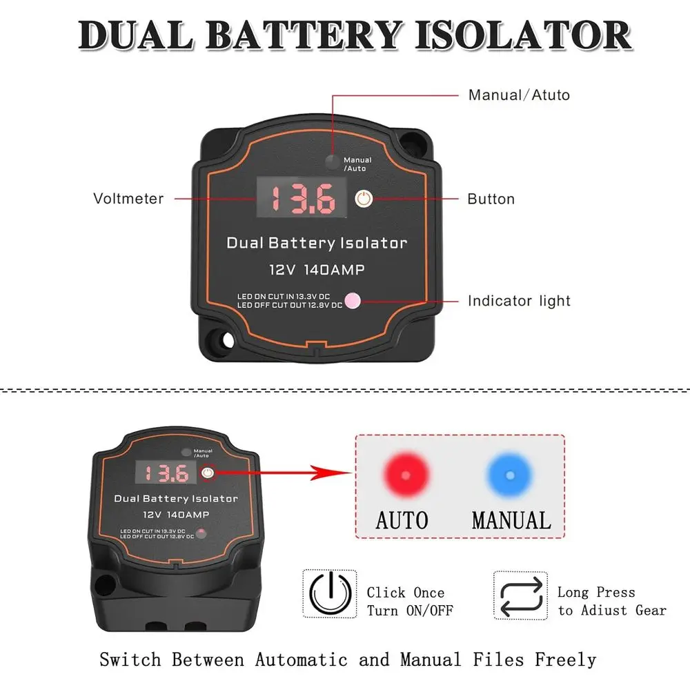 عازل بطارية 12 فولت مع طقم كابل 16.4 قدم 7AWG، طقم مرحل شحن سبليت 140 أمبير، مرحل تحسس الجهد، عازل ذكي تلقائي وات #6