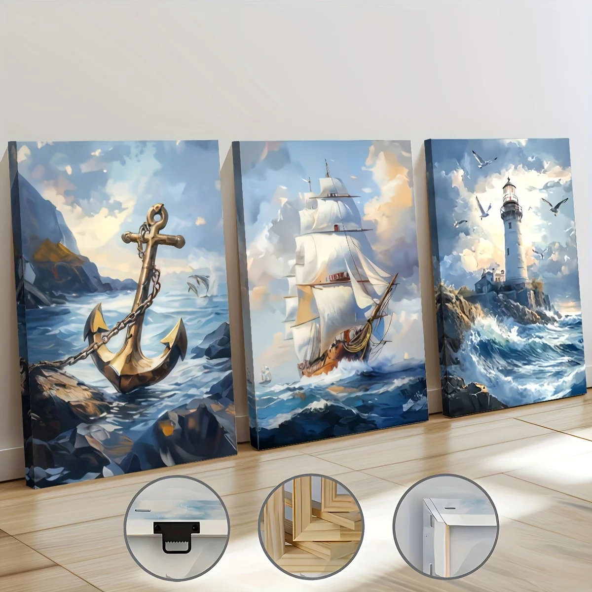 3PCFramed Canvas Painting Ready To Hang Featuring Abstract Nautical Themes Ships Anchors Sailboats for Home DecorRoom Decoration