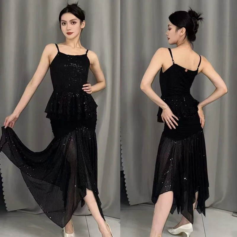 

Women'S Samba Ballroom Dance Performance Suits Black Ruffled Latin Top Rumba Skirt Adults Latin Dance Costume Stage Wear SL14567