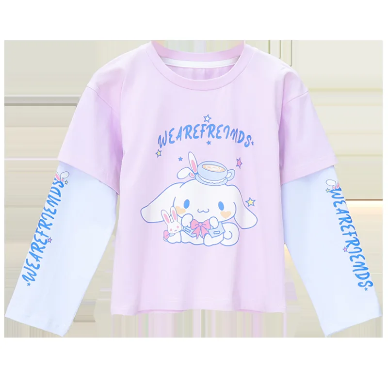 New girls long-sleeved cotton T-shirt Kuromi spring and autumn one-piece T-shirt set fashionable and versatile girl holiday gift