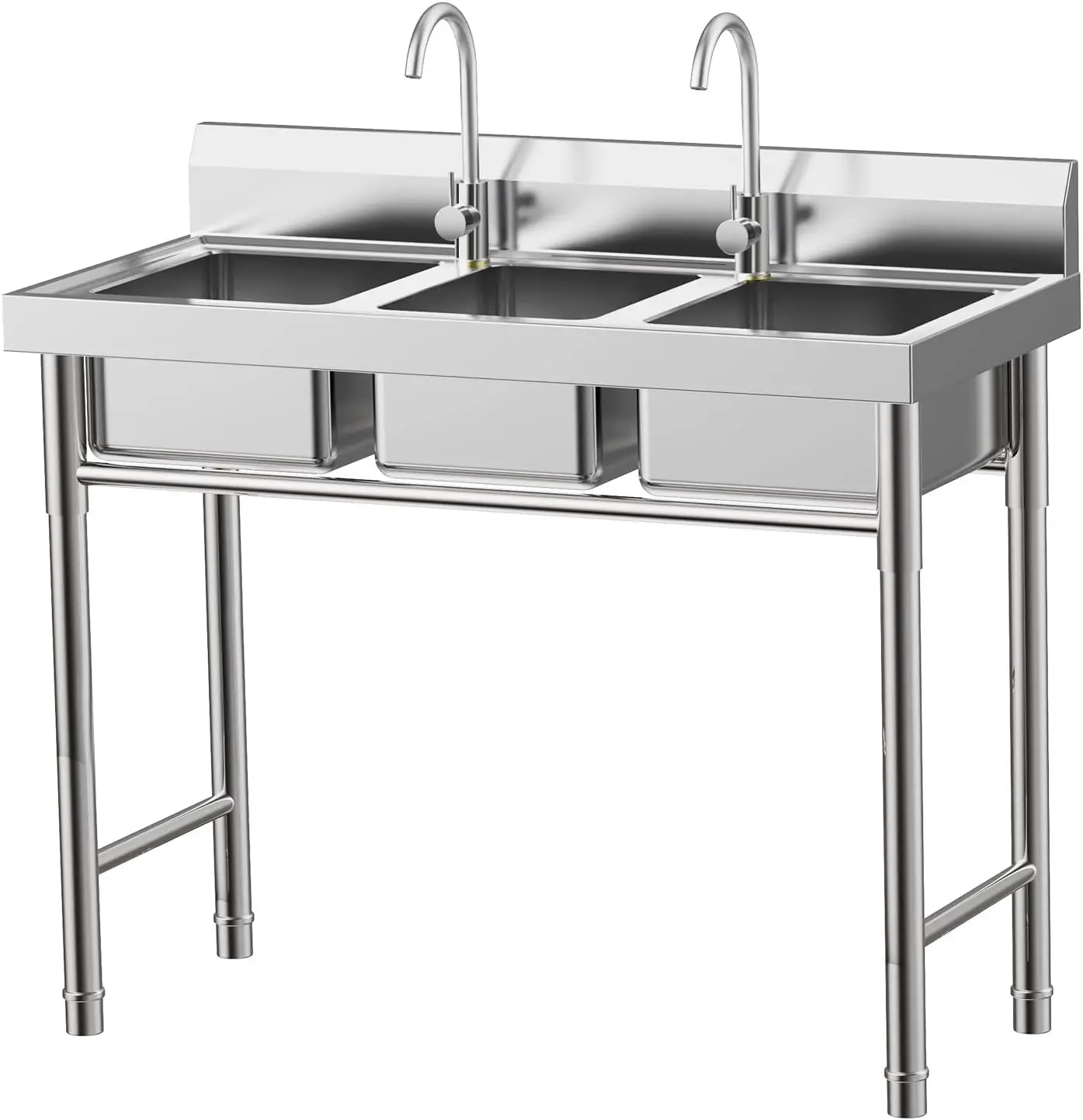 Stainless Steel Utility Sink Free Standing Three Compartment Kitchen Sink With Hot And Cold Water Faucet Triple Bowl Catering Basin For Commercial Garage Laundry Room Silver