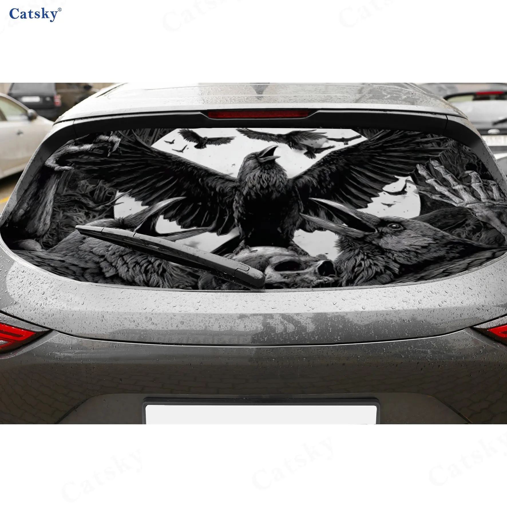 تغذية غراب القمر على الجثث مادة PVC ملصق نافذة السيارة الخلفي المقاوم للماء ذاتي اللصق، سهل اللصق دون السقوط، وات #1