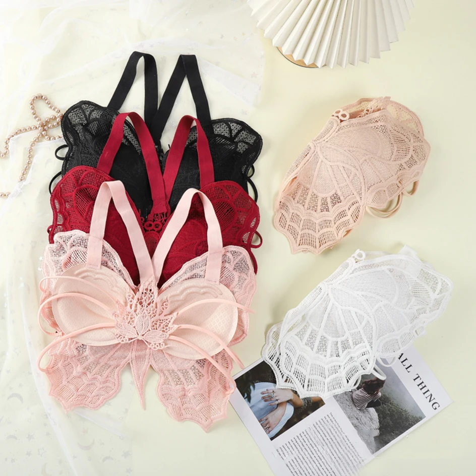 Butterfly shaped Lace Bras Women Sexy Beach Crop Top Hollow-out Bralette Female Underwear Backless Chest Wrap Padded Brassiere