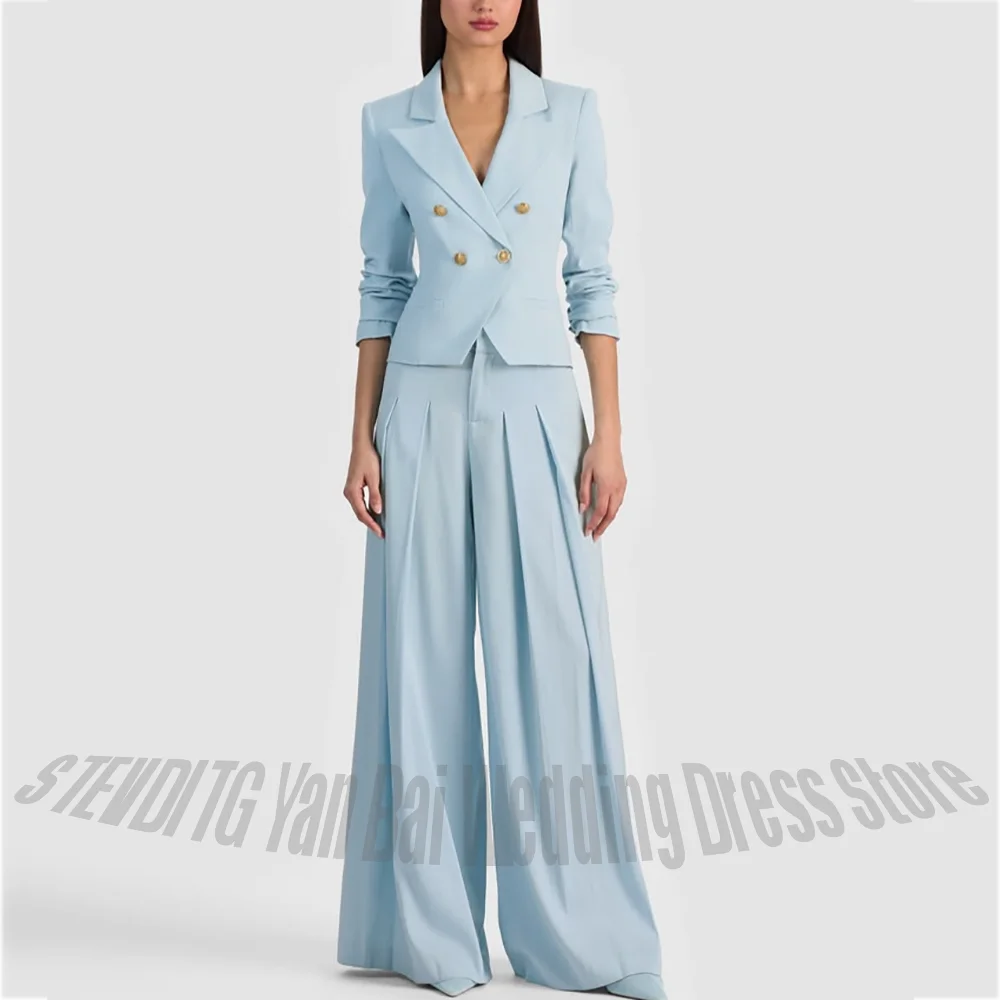 Light Blue Women's 2 Piece Suit Set Double Breasted Cropped Blazer with Pleated Wide Leg Pants Business Party Prom Fashion Suit