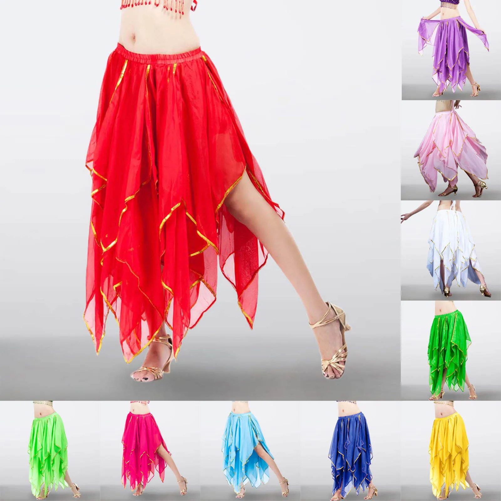 Belly Dance Chiffon 16 Leaf Skirt Spanish Tassels Belly Dance Performance Accessories Team Practice Comfortable Shiny Skirt