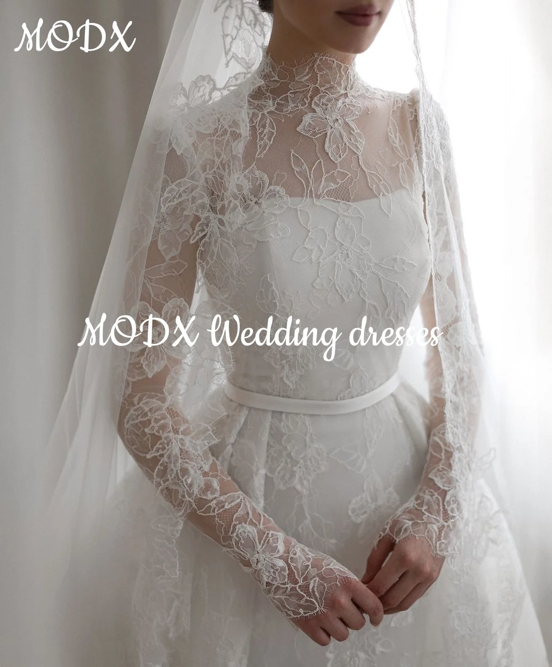 MODX Exquisite Weiße Spitze Prinzessin Hochzeit Kleid High Neck Floral Applique Sweep Zug Brautkleider vestidos de novia Angepasst