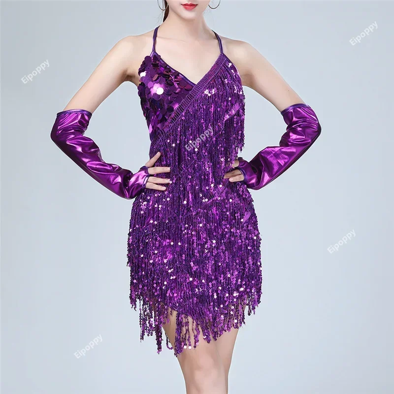 

Women Sequins Latin Dance Dress Lady Sexy Tassel Fringe Salsa Ballroom Tango Cha Rumba Samba Dancewear