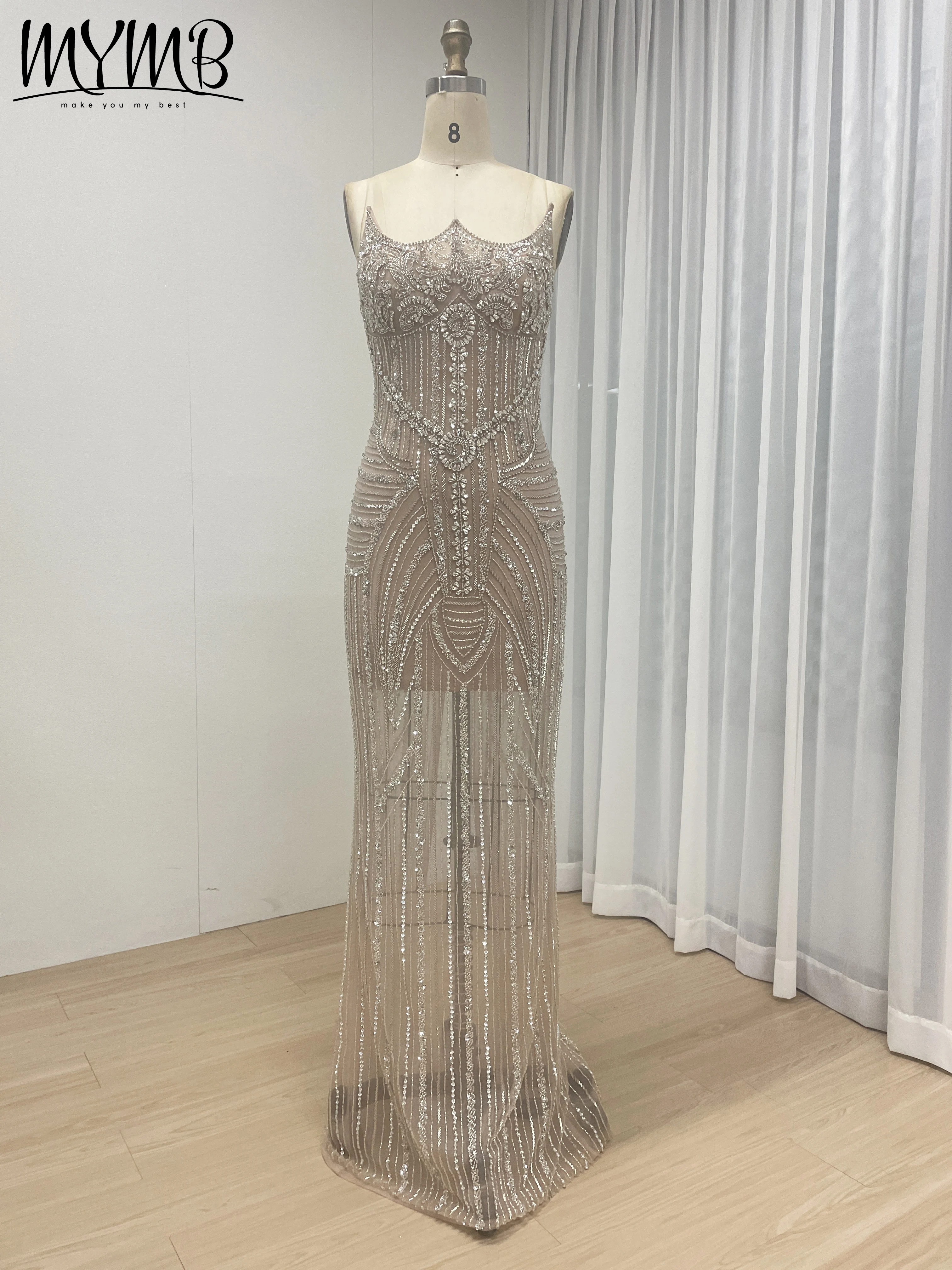 MYMB neues Karamell-trägerloses Perlen-Meerjungfrau-Abendkleid mit Schlitz, langen Federärmeln, Kleid für Frauen, Hochzeitskleid MB40384