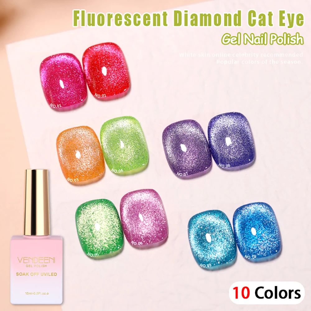 

Vendeeni 10 Colors/Set Fluorescent Broken Diamond Cat Eye Gel Nail Polish Glitter Colorful Magnetic UV LED Soak Off Gel Varnish