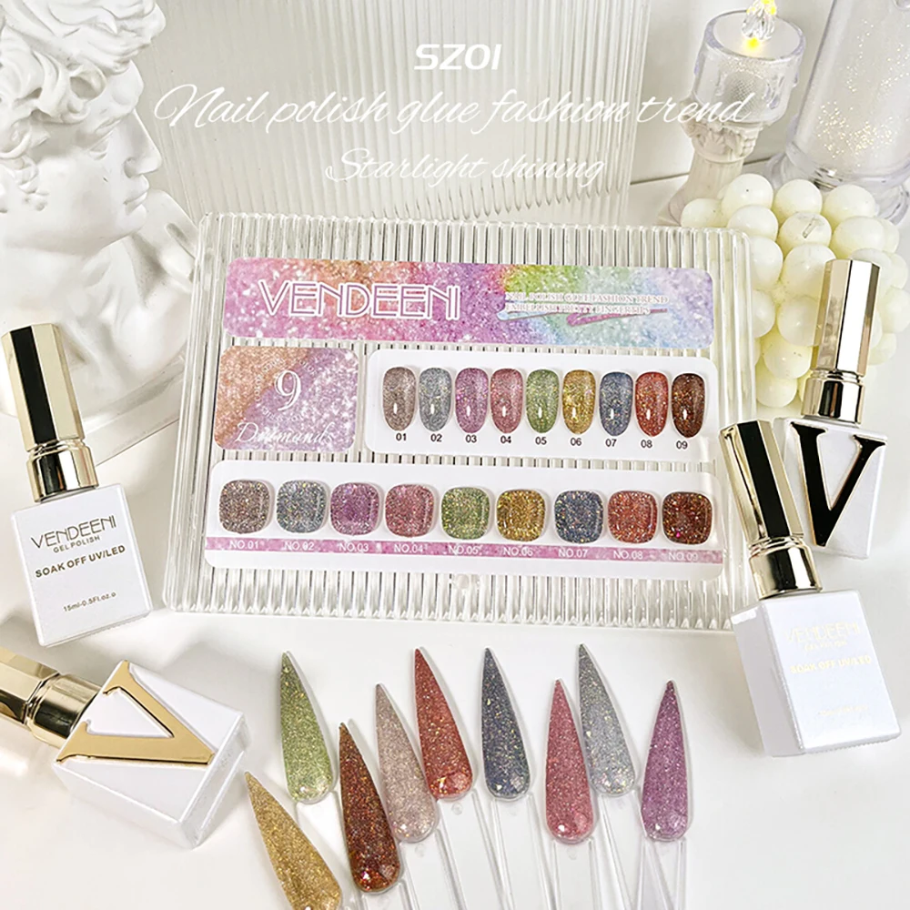 Vendeeni 9 Farben/Set Regenbogen Glitzer Gebrochener Diamant Gel Nagellack UV LED Aushärtbarer Gel-Lack Flash Nail Art Gel mit Display – Detail 1