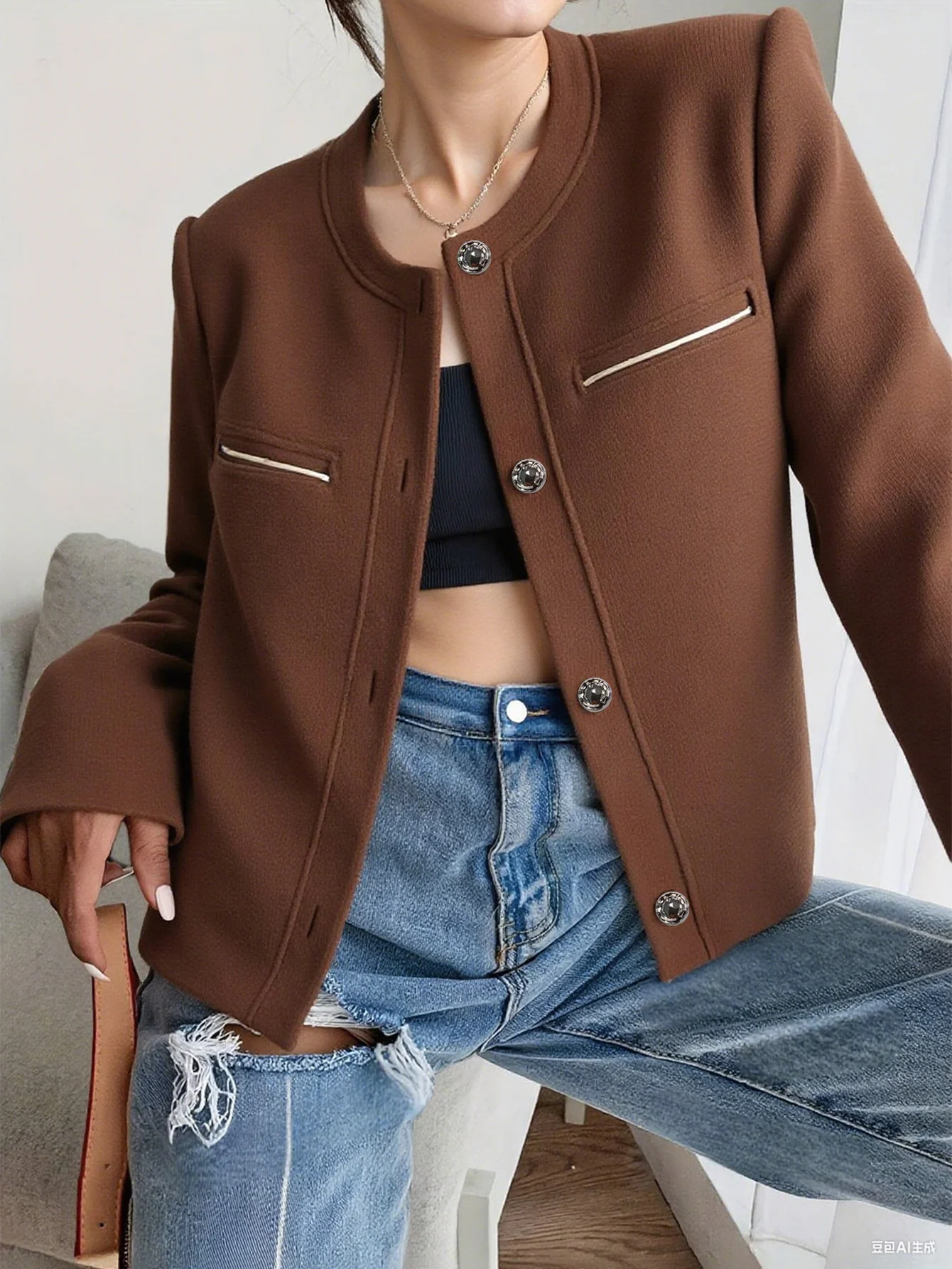 

Women's Lightweight Jacket Autumn Winter Chic Youthful Plain Single Breasted Button Front Long Sleeve Crew Neck Daily Wear