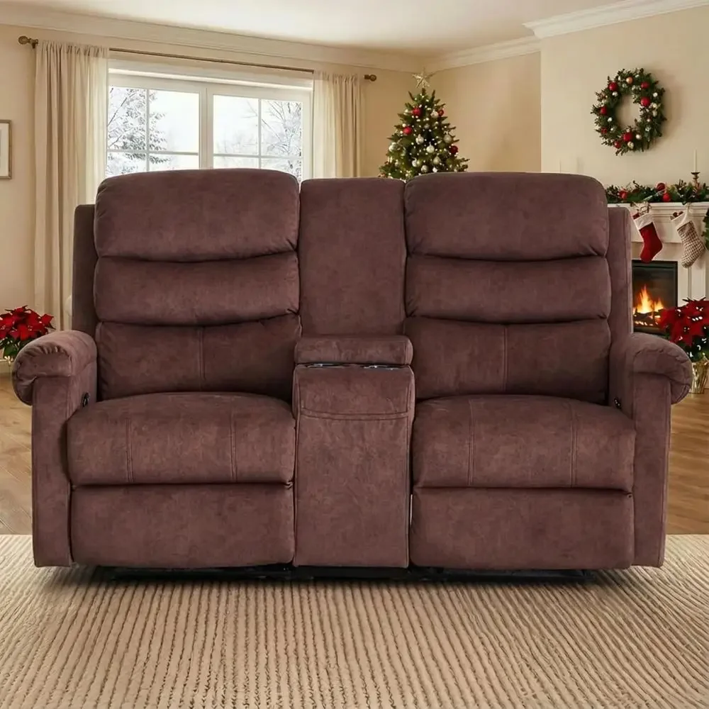 Reclining Sofa Loveseat with Cup Holders, Large Storage, Manual Recliner for RV, Living Room, Home Theater (Brown, No LED)