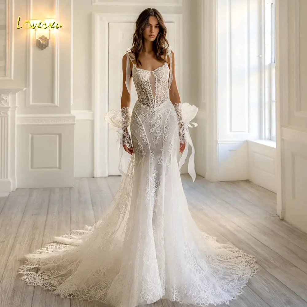 Loverxu Mermaid Wedding Dresses Spaghetti Straps Ribbons Vestido De Novia Lace Appliques Vintage Sexy Custom Made Bridal Gown