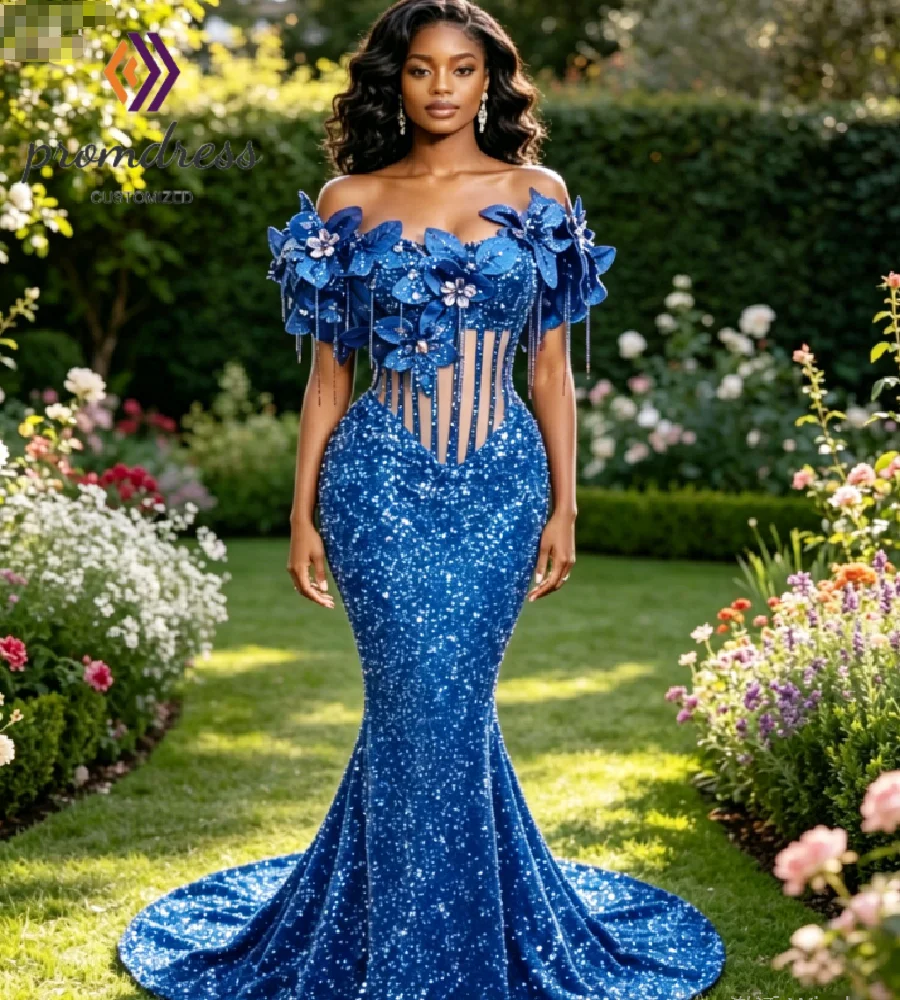 Glitter Gold Sequin Prom Dresses With 3D Florals Mermaid Plus Size Tassel Evening Dress Aso Ebi Formal Beaded Birhday Evening - view 2