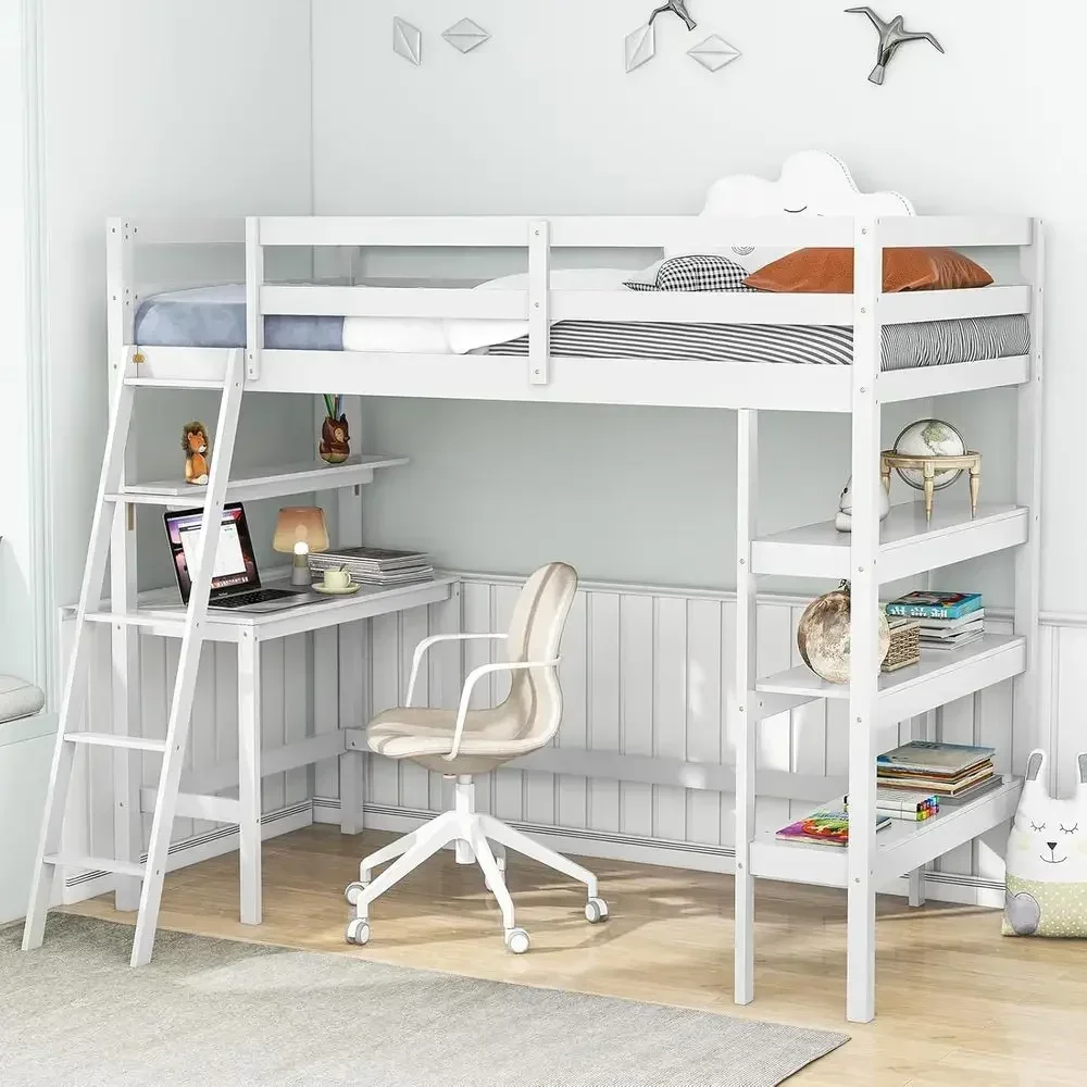 Twin Loft Bed with Desk, Storage Shelves, Bookcase, Ladder, and Guardrail for Kids and Teens - Space-Saving Design