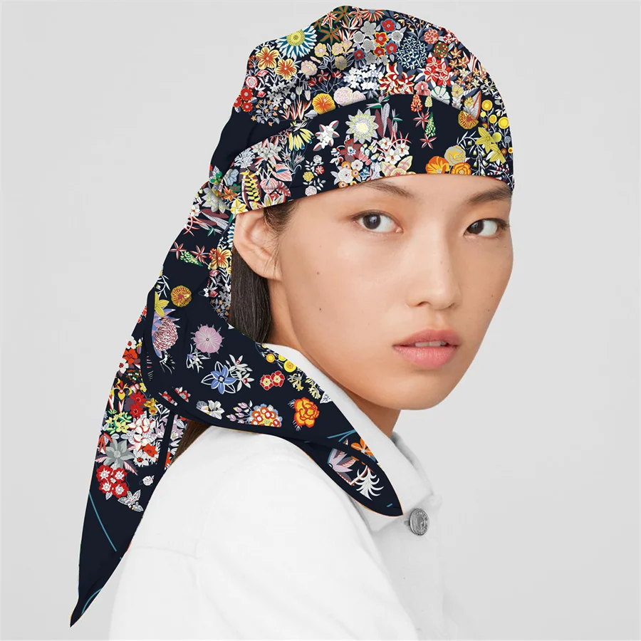 Lenço de seda estampado floral pobing para mulheres, lenços quadrados, echarpes de cabeça, envoltórios femininos, xale de praia, bandana, lady