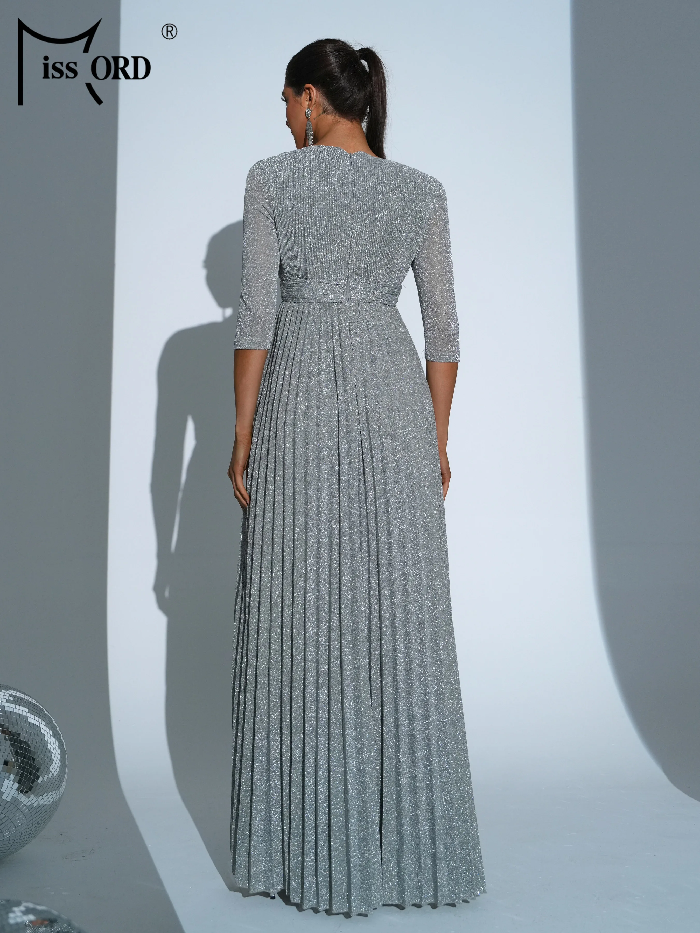 Missord 2024 Glitter Grey Long Pleated Dress Elegant Women O-Neck Half Sleeve Loose A-line Party Prom Dresses Evening Gown