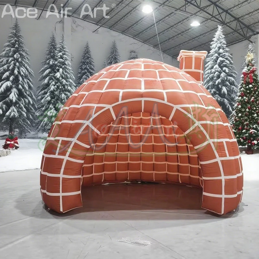 Beau igloo gonflable au mur de briques rouges avec cheminée, tente dôme gonflable d'hiver pour décoration extérieure de noël, Placement de cadeaux