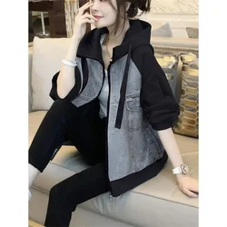 Black Denim Jacket Patchwork Hooded Coat For Women Baseball Jacket For Autumn And Winter 2023 New Vintage Denim Outwear Female