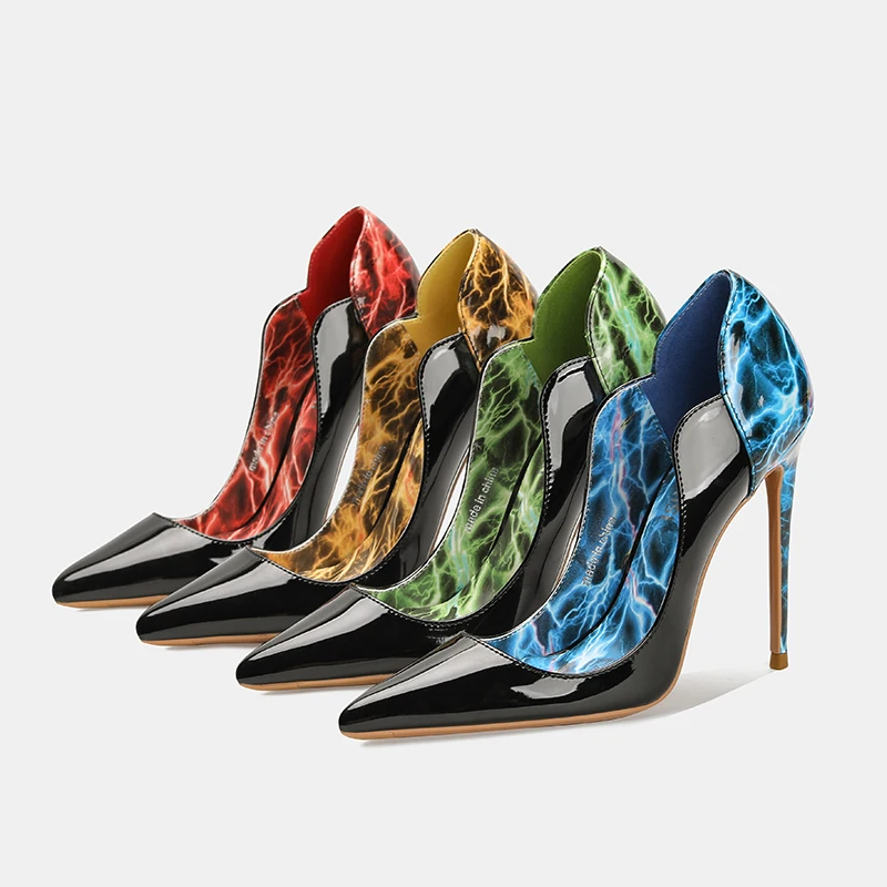 Fashion Electric Lightning Leopard Stilettos Sexy Pumps Women Wave Shape 12cm Thin High Heels Print Pointed Toe Shoes Big Size 6