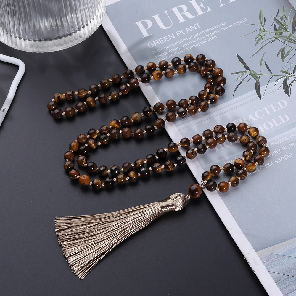 

OAIITE 108 Mala Bead Necklace Men 6mm Women Natural Stone Tiger Eye Agate Volcano Lava Stone Pulse Prayer Reiki Jewelry Gift