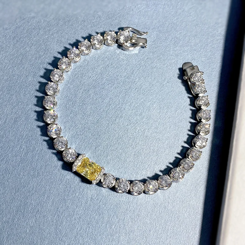S925 Silver 6x8mm Yellow Carbon Diamond Tennis Bracelet for Women White Gold Plated Iceflower Cutting Gem Chain Bracelets Bangle