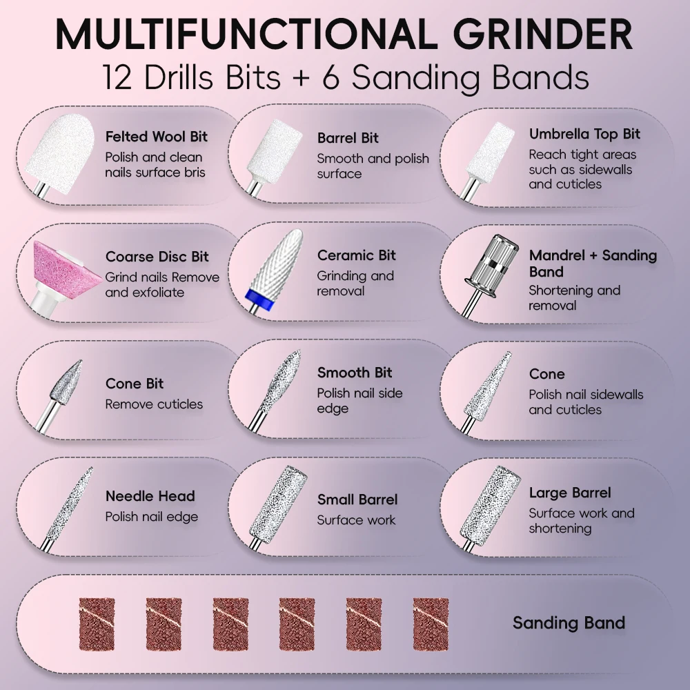 مجموعة مثقاب أظافر كهربائي ومبرد أظافر، مجموعة أظافر لاسلكية قابلة لإعادة الشحن لتلميع الأظافر والتشكيل وإزالة الجل في صالون المنزل