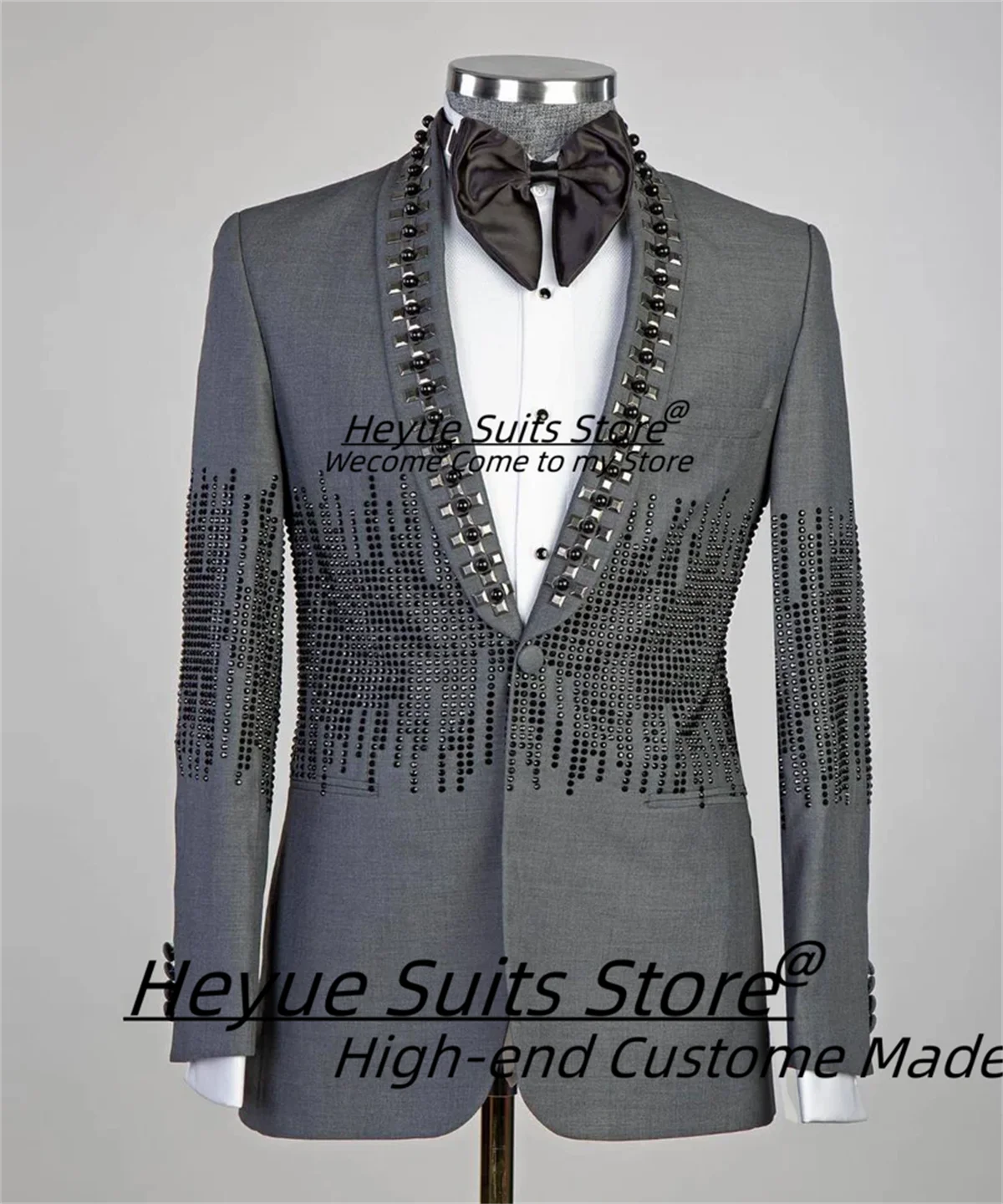 Luxuly Stone Stitched Formal Prom Men Suits Customized Slim Fit Shawl Lapel Groom Wedding Tuxedos 2Pieces Sets Male Prom Blazers