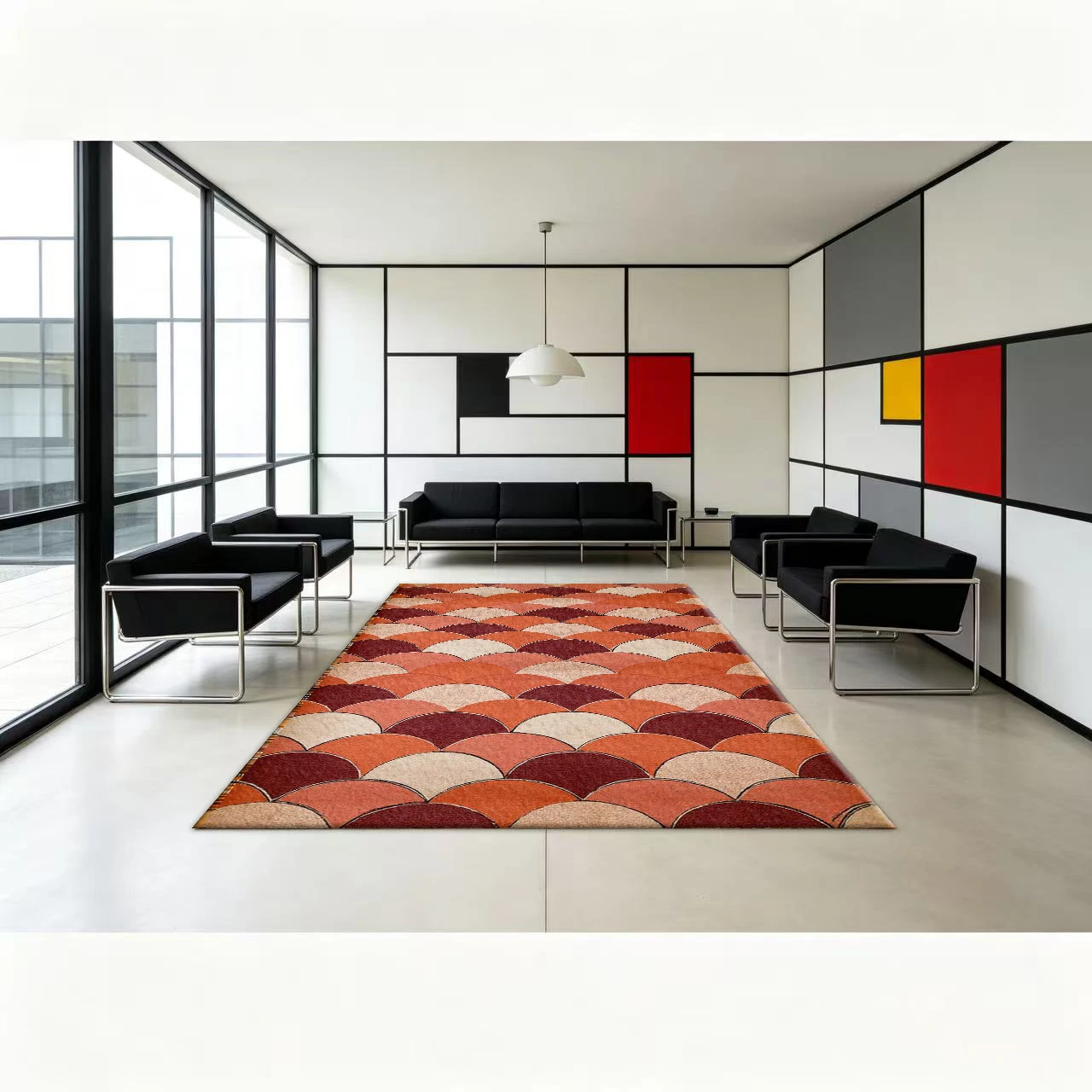 Vintage Art Deco Overlapping Scale Geometric Carpet Floor Decoration Warm Orange Wine Red Abstract Floor Rug Suitable for Home Living Room Decoration