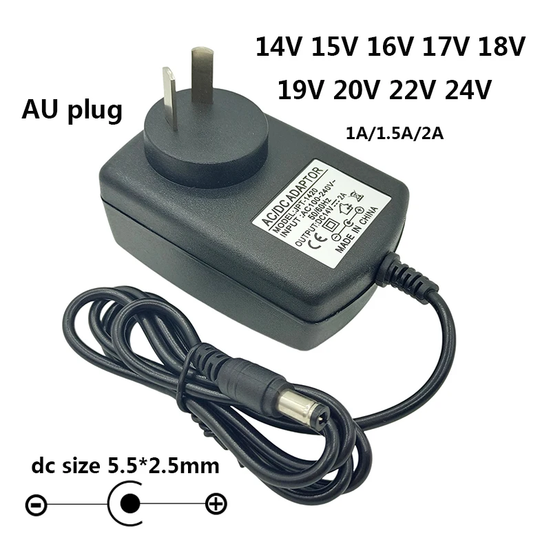 AU Plug AC DC 14V 15V 16V 17V 18V 19V 20V 22V 24V DC Power Supply 14V 2A 16 Volt 16V 2A 17V 2A 15V 2A Power Supply 5.5x2.5mm