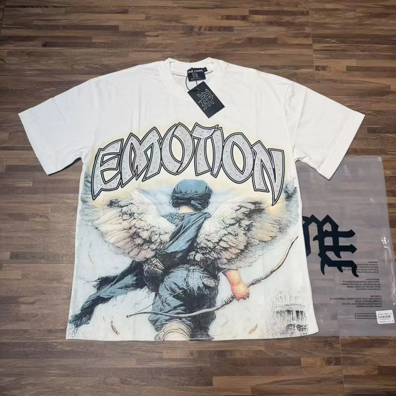 Mixed Emotion Retro Angel Print Rhinestone Letter High Street Loose Fit Pure Cotton round Neck Short Sleeve T-Shirt for Teens