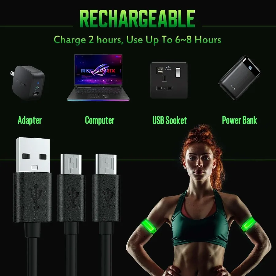 حزام ذراع LED للجري، 2 حزمة من شارات الإضاءة القابلة لإعادة الشحن، معدات الجري العاكسة عالية الوضوح للجري #2