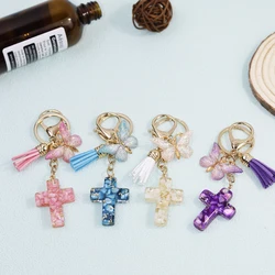 Exquisite Cross Butterfly Keychain Cute Resin Christian Cross Key Ring Purse Bag Pendant Car Key Accessories Women Party Gift