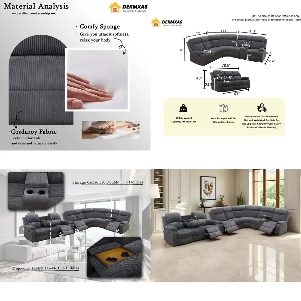 Grey Reclining Sectional Sofa Set with Cup Holders and Storage for Living Room