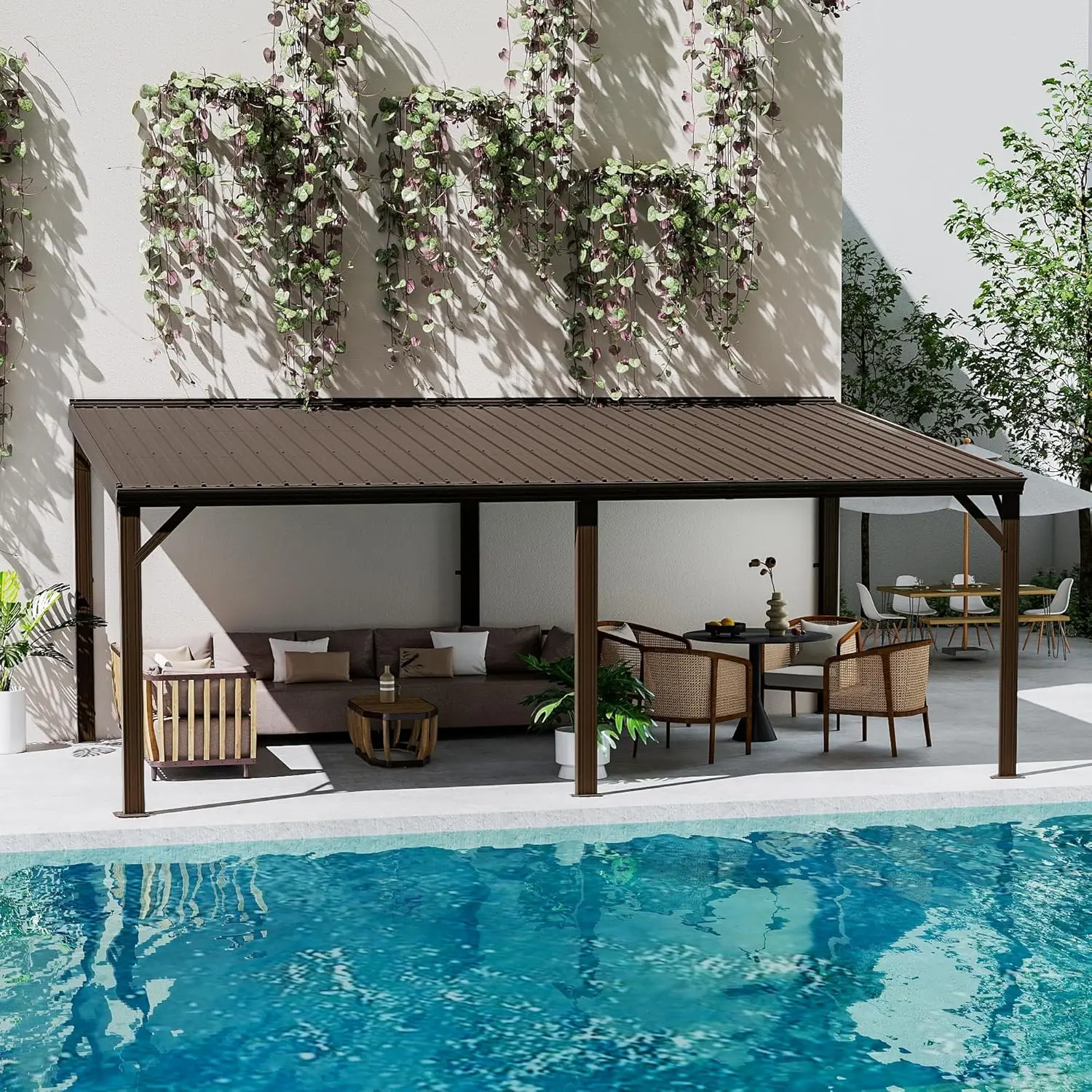 ！@12x20 FT Lean to Gazebo, Wall Mounted Gazebo with Built-in Drainage, Galvanized Steel Roof, Hardtop Patio, Brown view 2