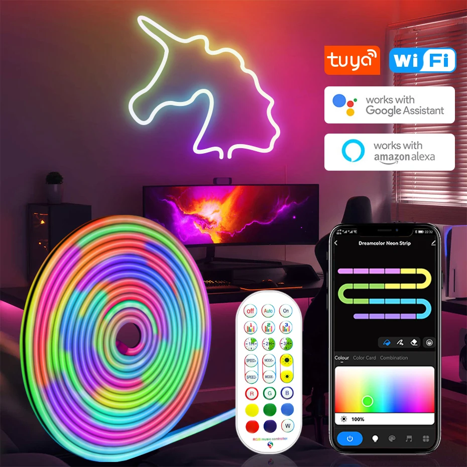 Tuya WiFi 12V Neon Light RGBIC Dreamcolor Waterproof Led Strip 96LEDs/m 2m 3m 5m Flex Led Rope Tape Bars Decor Alexa Control