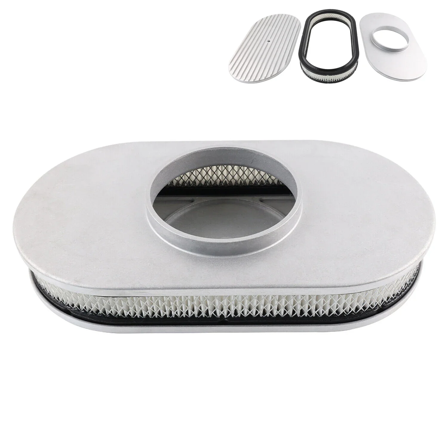 

universal 15" Full Finned Oval Retro Air Cleaner Assembly Kit New w/ Element Aluminum color Air Filter Housings