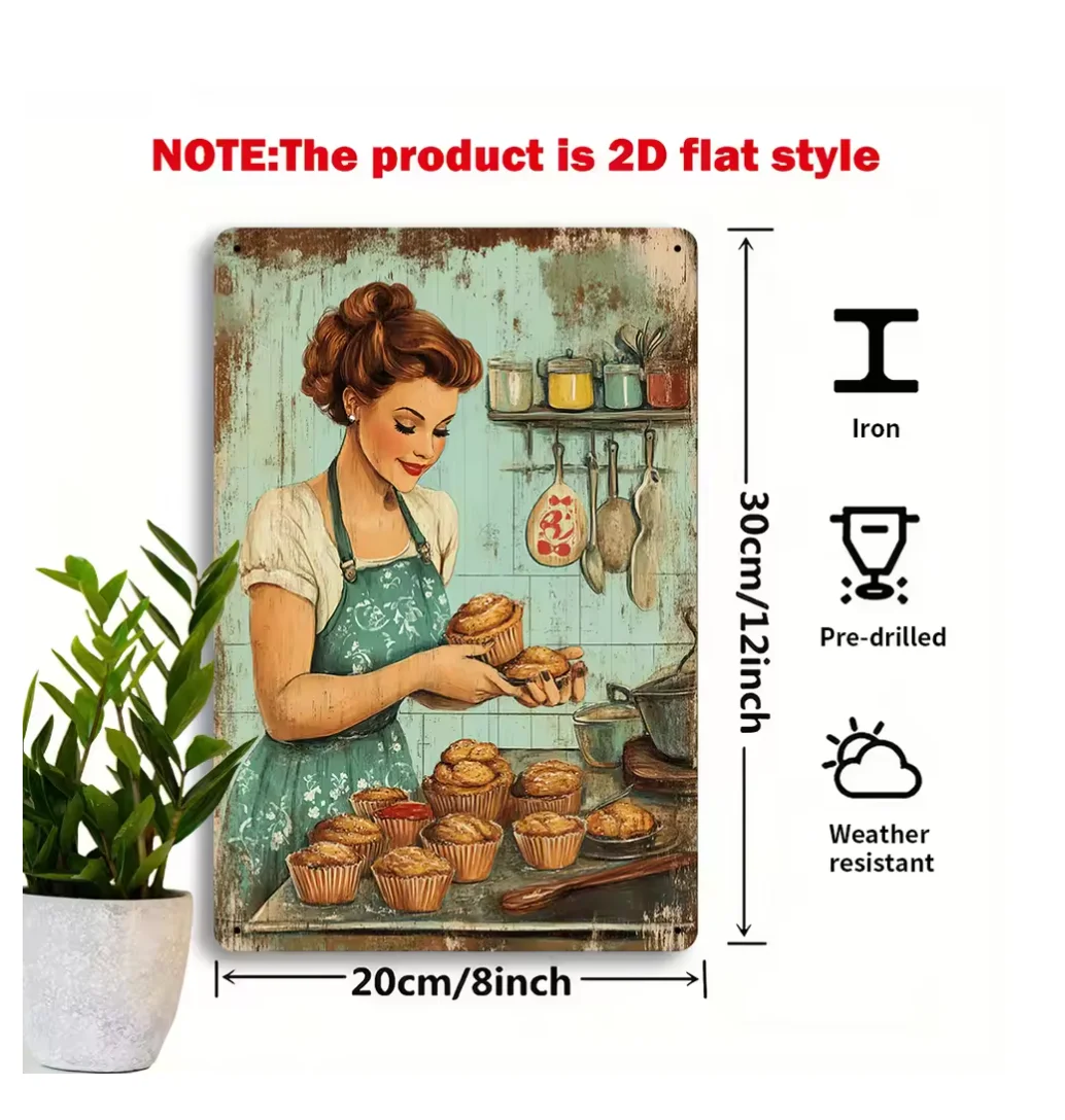 Vintage Baking Lady Tin Sign—1950S Housewife and Cupcake Metal Art Decor, Suitable for Bakery Cafes, Retro Kitchen Decor