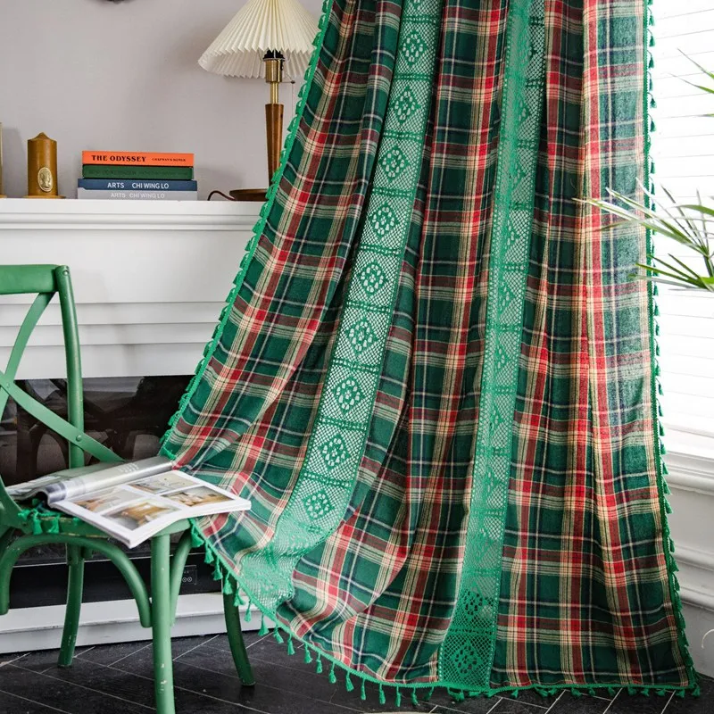 

Christmas Plaid Patchwork Yarn-dyed American Window Curtain with Tassels Shading Valance Living Room Kitchen Floating Curtains