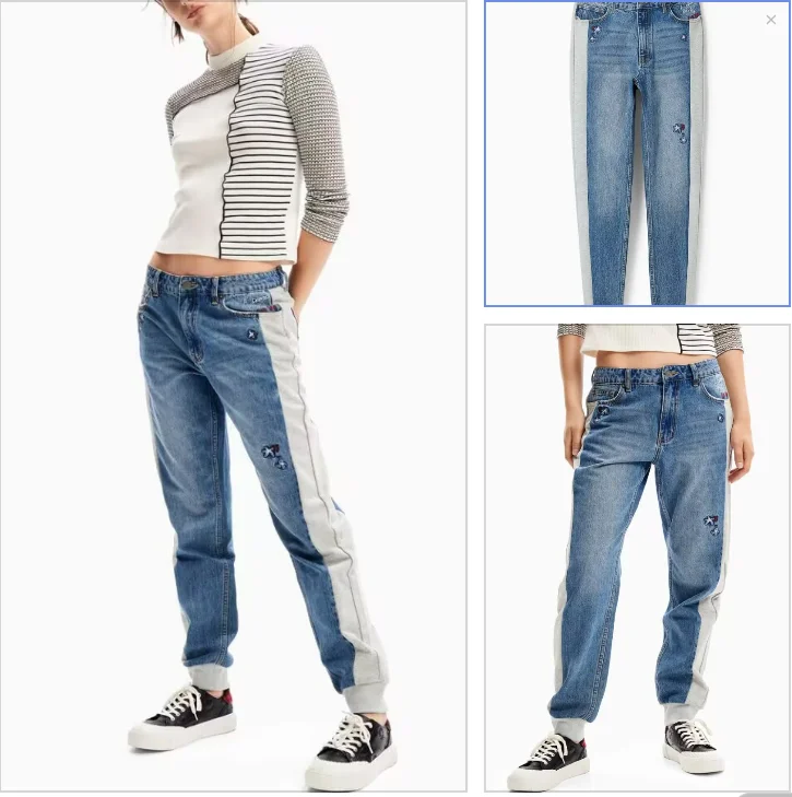 

Foreign trade Spanish trousers embroidered flower stitching fabric, close-end trousers leg women's casual jeans