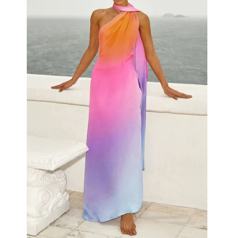 Color Gradient Swimwear Dress European and American Droop Design Loose Long Tape Maxi Skirt One-shoulder Irregular Swimsuit