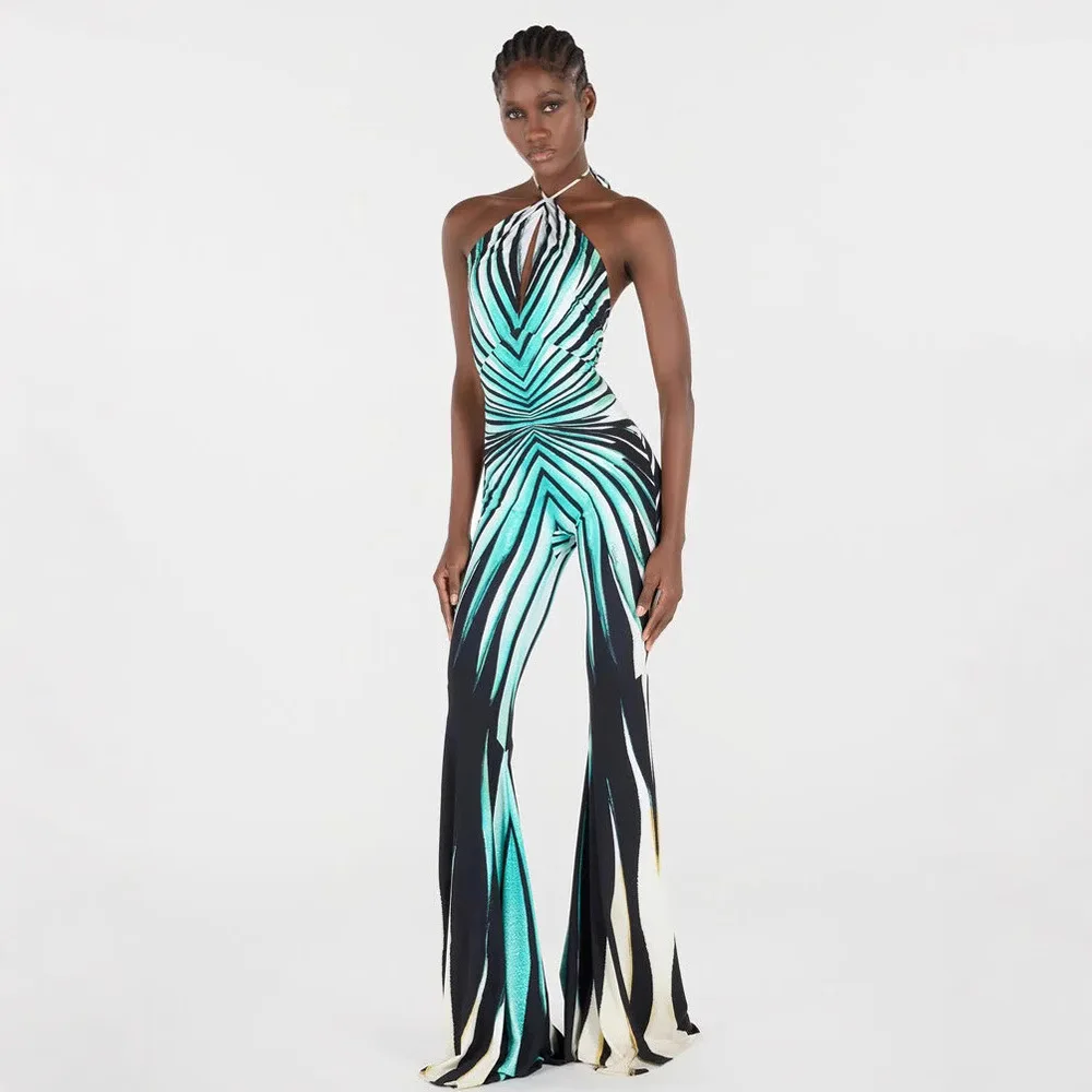 Striped Print Flare Jumpsuits Women Sexy Hollow Out Strapless Lace Up Halter Backless Slim Boot Cut Pants One Piece Overalls