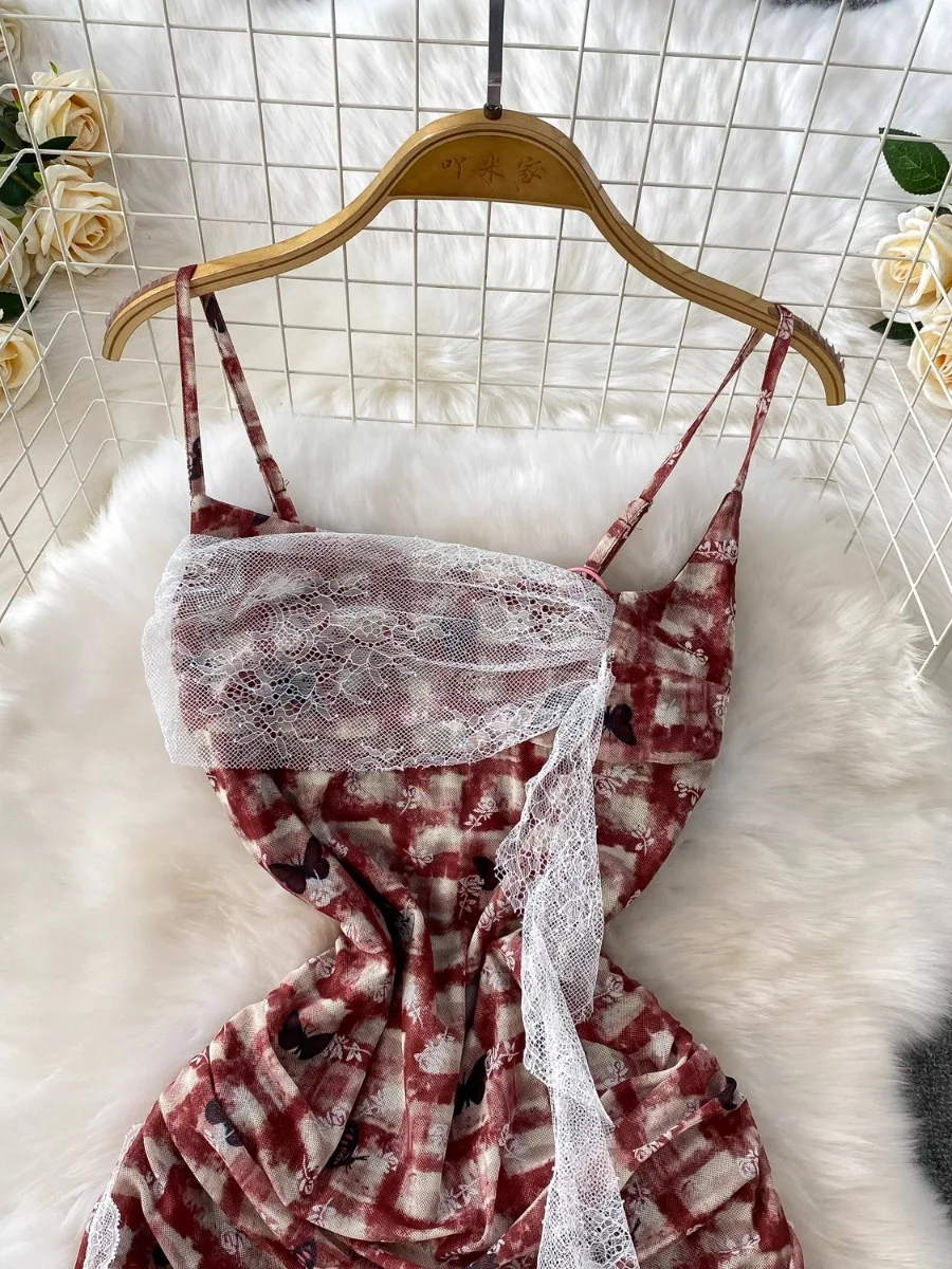 فستان Foamlina الفرنسي الجمالي منقوش عليه رسن من الدانتيل فستان نسائي صيفي بخصر محكم للتخسيس وفتحة كشكش فساتين طويلة