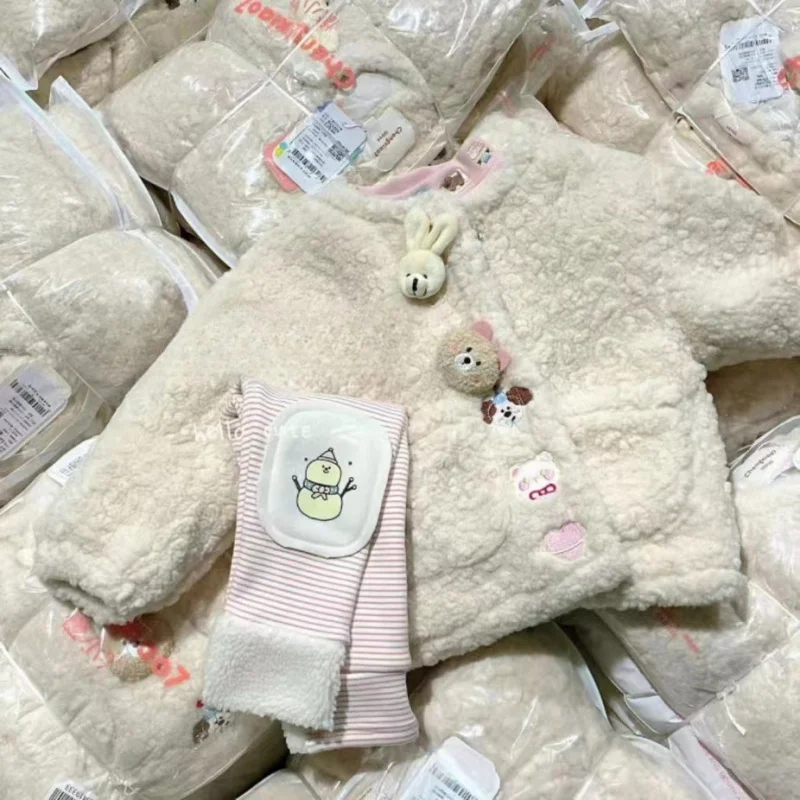 01-Conjunto con forro polar Otoño Invierno estilo coreano chaqueta de algodón de felpa Animal para niñas Leggings a rayas