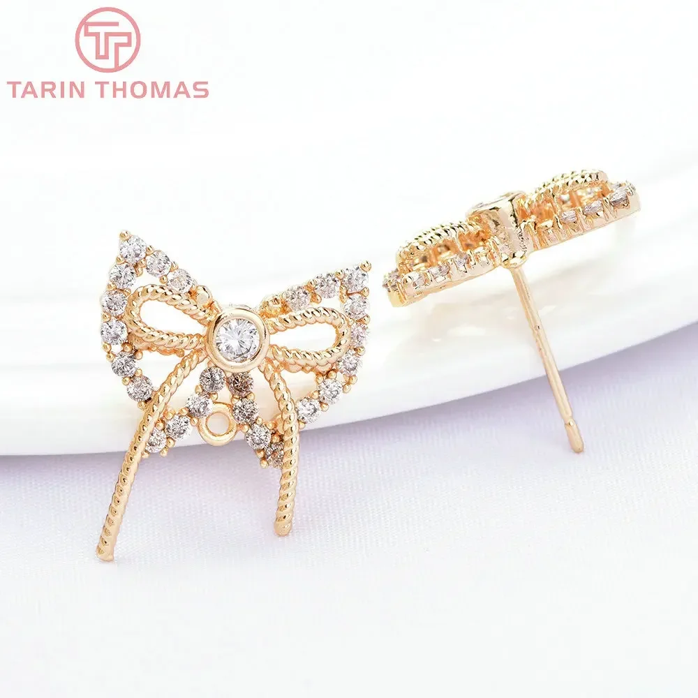 (6687) 4PCS 15x18MM 24K Gold Color Brass with Zircon Butterfly Stud Earrings High Quality Jewelry Findings Accessories Wholesale