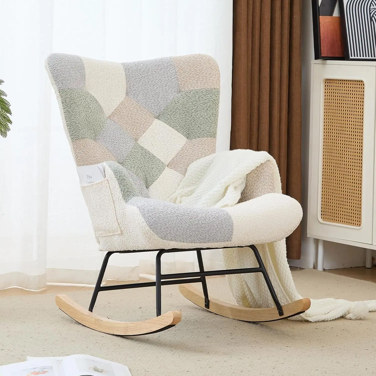 Nursery Teddy Upholstered Glider Rocker Chair with High Backrest Armchair for Living Room Bedroom Office, Customized