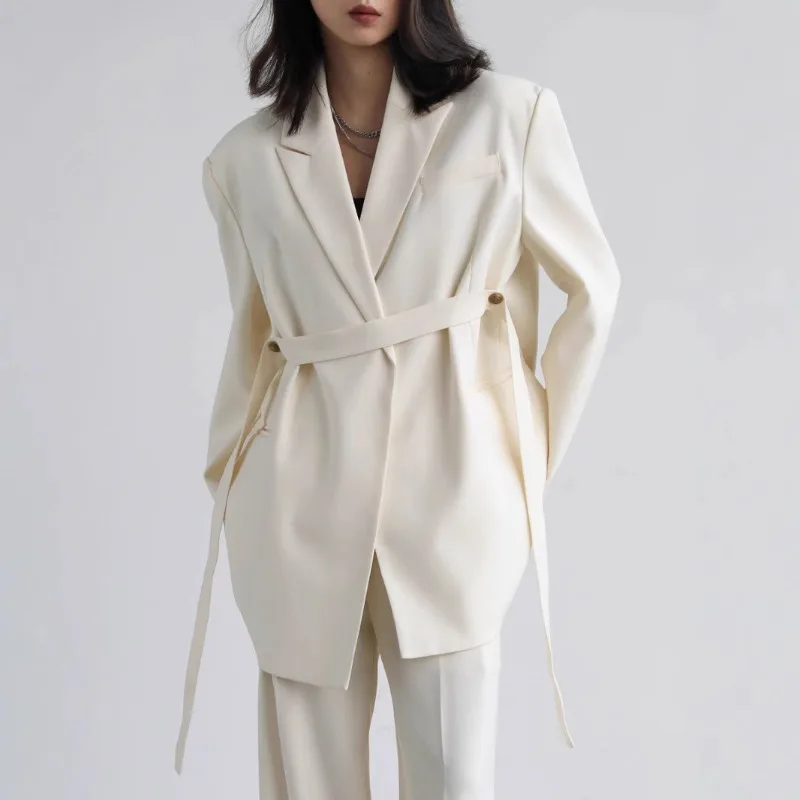 

2025 High-end Wide-shoulder Ribbon Mid-length Voluminous White Suit Jacket for Women, Black, Spring-autumn Suit